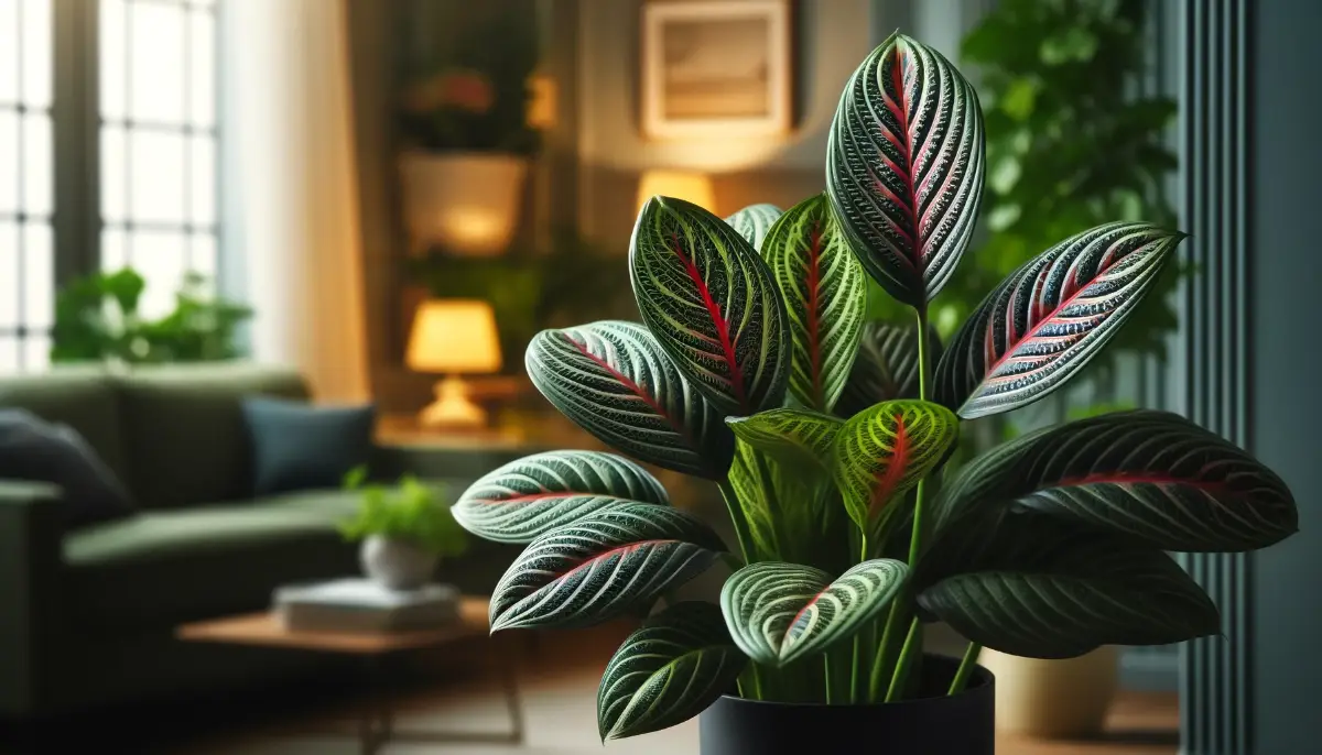 Eine Maranta Leuconeura Pflanze mit auffälligem Blattmuster, aufgestellt in einem modernen Wohnzimmer, das von sanftem, warmem Licht beleuchtet wird.