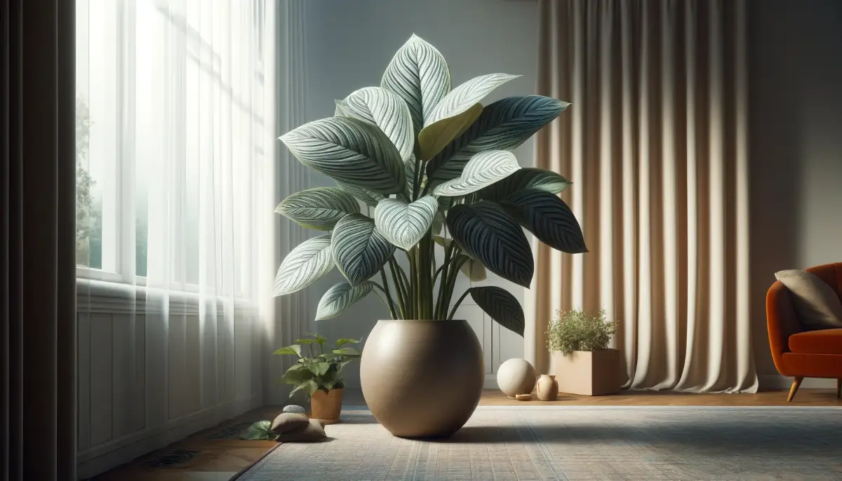 Eine große Calathea Orbifolia Pflanze in einem stilvollen Topf, aufgestellt in einem modernen Wohnzimmer mit großen Fenstern und sanftem natürlichen Licht.