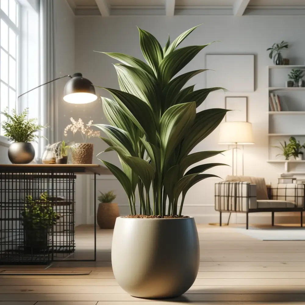 Eine große, gesunde Eisenbaumpflanze (Aspidistra) in einem modernen Wohnzimmer, beleuchtet von natürlichem Licht, umgeben von weiteren Zimmerpflanzen und einem stilvollen Einrichtungskonzept.