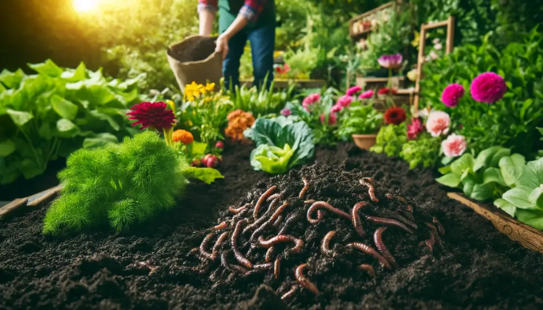 Nahaufnahme eines Gartens mit Regenwürmern im fruchtbaren Boden, umgeben von blühenden Blumen und Gemüse.