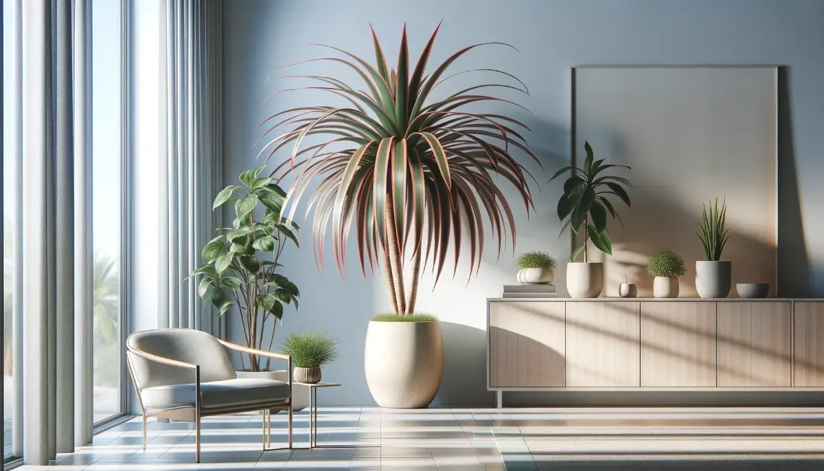 Stilvolles Wohnzimmer mit großen Fenstern, einer modernen Dracaena-Pflanze in einem großen Topf, mehreren kleineren Pflanzen auf einer Kommode und einem eleganten Sessel