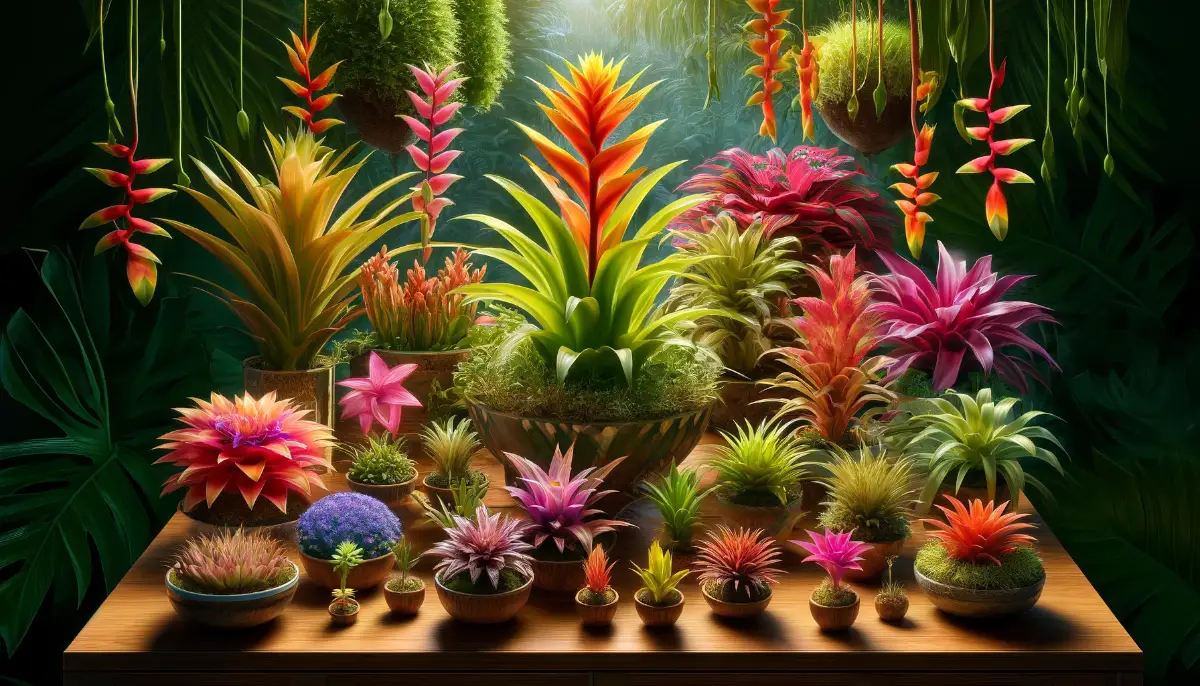 Eine Sammlung von bunten, exotischen Zimmerpflanzen, darunter verschiedene Bromelienarten, auf einem Holztisch in einem tropischen Garten mit üppigem, grünem Hintergrund.