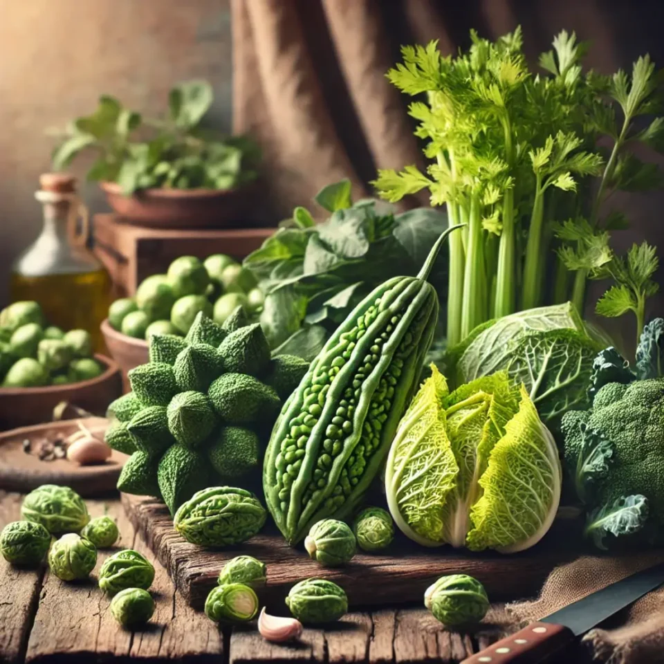 highlighting the beauty of often-overlooked vegetables like bitter gourd, celery, and Brussels sprouts in a rustic and inviting setting.