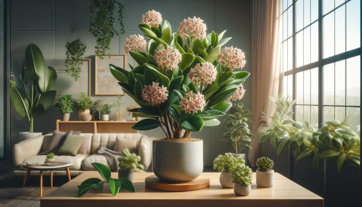 Eine blühende Hoya Carnosa (Wachsblume) in einem modernen Wohnzimmer, umgeben von anderen Zimmerpflanzen, die das sonnige und gemütliche Ambiente des Raums ergänzen.