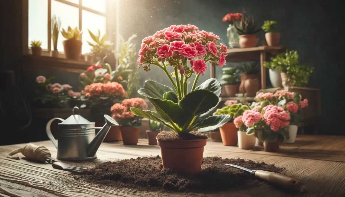 Eine blühende Kalanchoe-Pflanze in einem Tontopf, umgeben von Gartengeräten und weiteren Kalanchoe-Pflanzen, die in einem sonnigen Raum auf einem Holztisch arrangiert sind.