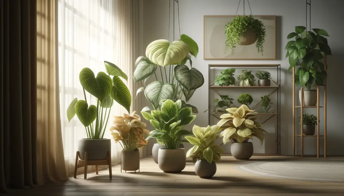 Verschiedene Philodendron-Pflanzen in Töpfen in einem sonnigen Wohnzimmer mit einem Regal voller kleiner Pflanzen im Hintergrund. Ideal für einen Philodendron-Pflanzenleitfaden.