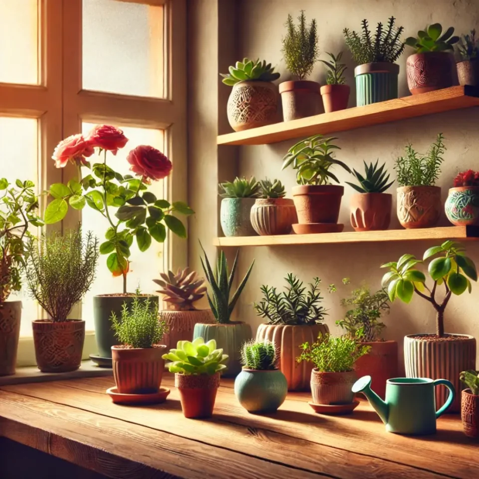An inviting indoor scene featuring a wooden shelf adorned with a variety of small potted plants, including succulents, mini roses, herbs like basil and rosemary, and small cacti. The vibrant plants are housed in colorful pots, placed near a bright window with soft natural light casting gentle shadows. The setup is enhanced by decorative elements like a watering can, a stack of books, and a woven basket, creating a cozy and aesthetically pleasing atmosphere.