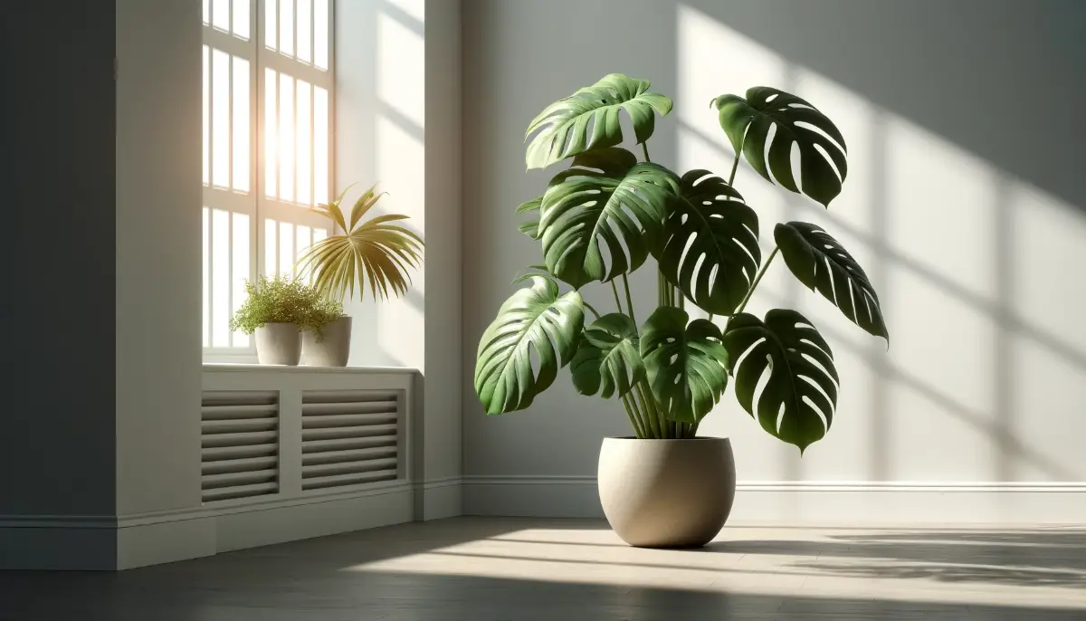 Sonnendurchflutetes Zimmer mit einer großen Monstera-Pflanze in einem Topf, begleitet von zwei kleineren Pflanzen auf einem Fensterbrett, durch das Sonnenlicht strömt