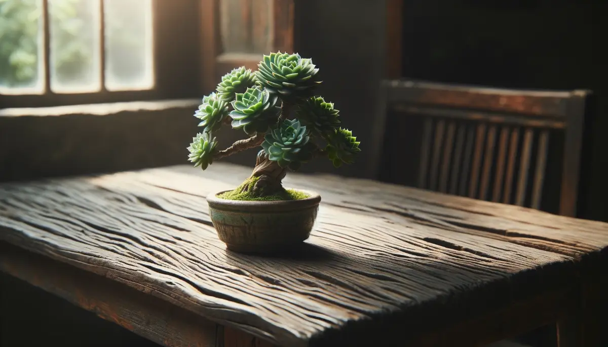 Kleiner Bonsai-Baum mit saftigen grünen Blättern in einer Schale, stehend auf einem rustikalen Holztisch neben einem Fenster, beleuchtet durch natürliches Licht